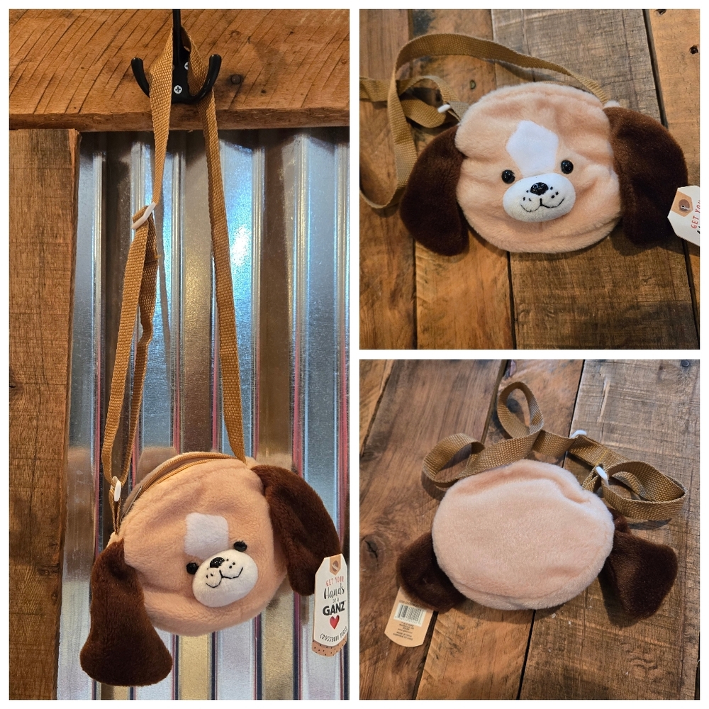 New Ganz Plush Puppy Crossbody Purse Tan